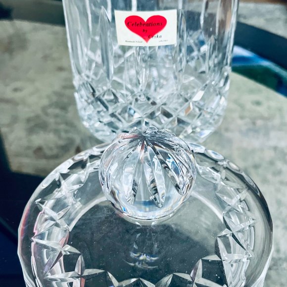NIB Vintage Ceska Crystal Biscuit Jar Canister w/ Lid, 8”(H), Line Cut Pattern - Picture 2 of 5